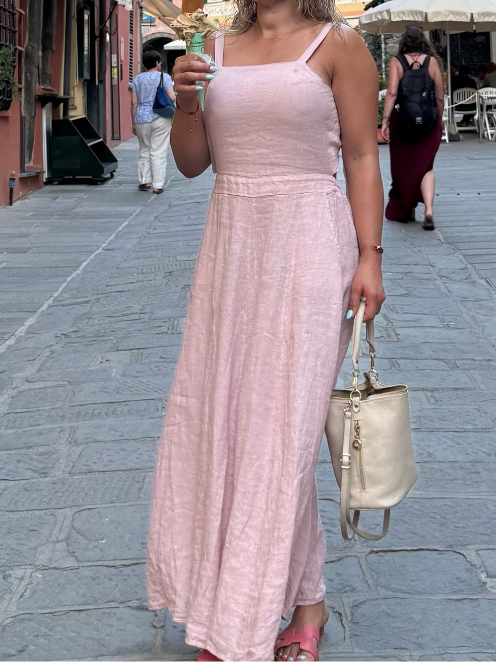 Italian linen light Pink Linen Maxi Dress with Spaghetti Straps size M